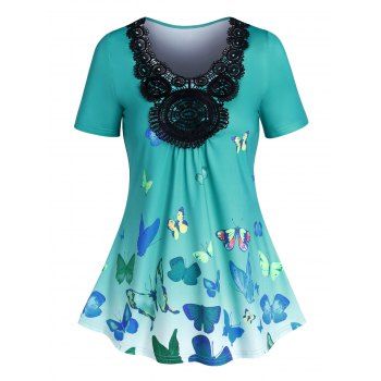 

Ombre T Shirt Vivid Butterfly Print T Shirt Hollow Out Lace Summer Casual Tee, Light green