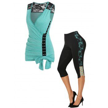 

Flower Lace Panel Bowknot Surplice Tank Top And Lace Up Skinny Capri Leggings Outfit, Multicolor