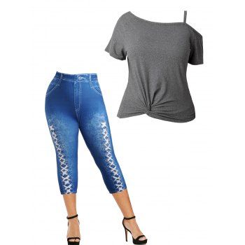 

Plus Size Twisted Skew Neck Raglan Sleeve T Shirt And Faux Denim Print Jeggings Outfit, Multicolor a