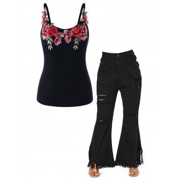 

Plus Size Flower Leaf Embroidery Applique Tank Top And Frayed Hem Distressed Pockets Flare Jeans Outfit, Black