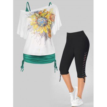 

Plus Size Sunflower Print T Shirt Cinched Cami Top And Lace Up Eyelet Capri Leggings Outfit, Multicolor a