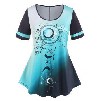 

Plus Size T Shirt Planet Sun Moon Star Print Ombre Summer Casual Tee, Green