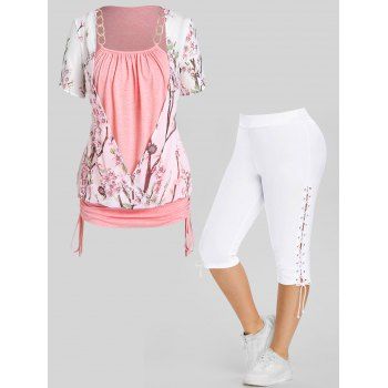 

Plus Size Flower Print Surplice Cinched Faux Twinset Top And Lace Up Eyelet Capri Leggings Outfit, Multicolor