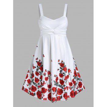 

Plus Size Dress Floral Dress Leaf Rose Print Twisted Sleeveless High Waisted A Line Midi Summer Casual Dress, White