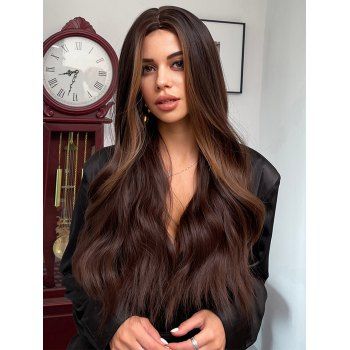 

24 Inch Long Wig Highlight Wig Middle Part Bang Wavy Synthetic Hair, Deep brown