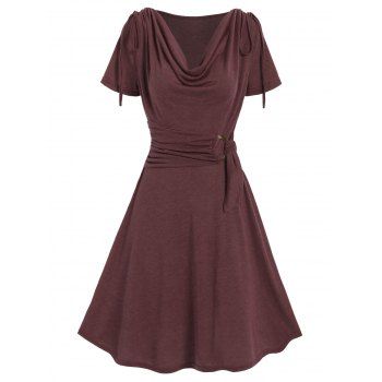 Draped Cowl Front Mini Dress Ruched O Ring Knotted Short Sleeve A Line Dress Cinched Shoulder Grecian Style Vintage Dress
