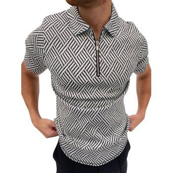 

Allover Geometric Print T Shirt Half Zipper Front Turn Down Collar Short Sleeve Casual Tee, White