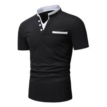 

Colorblock T Shirt Front Pocket Mock Button Stand Collar Short Sleeve Casual Tee, Black