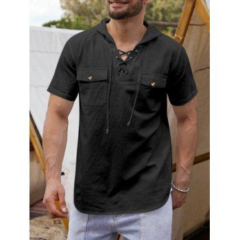 

Lace Up Hooded Shirt Pure Color Chest Pockets Short Sleeve Pullover Shirt, Black