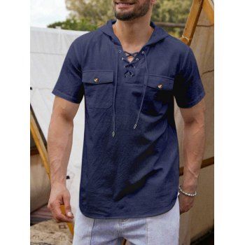 

Lace Up Hooded Shirt Pure Color Chest Pockets Short Sleeve Pullover Shirt, Cadetblue