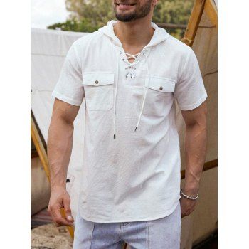 

Lace Up Hooded Shirt Pure Color Chest Pockets Short Sleeve Pullover Shirt, White