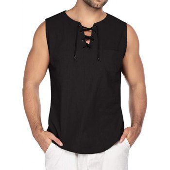 

Lace Up Tank Top Solid Color Tank Top Front Pocket Linen Casual Top, Black