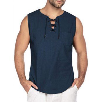 

Lace Up Tank Top Solid Color Tank Top Front Pocket Linen Casual Top, Cadetblue