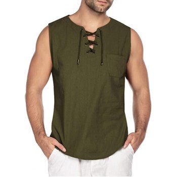 

Lace Up Tank Top Solid Color Tank Top Front Pocket Linen Casual Top, Army green