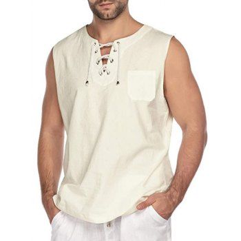 

Lace Up Tank Top Solid Color Tank Top Front Pocket Linen Casual Top, Warm white