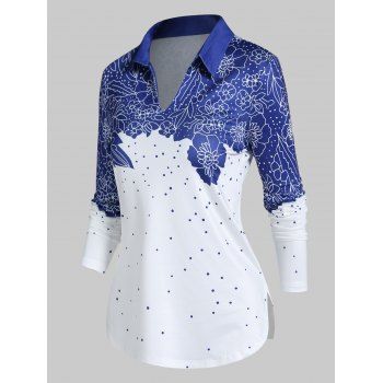 

Contrast Flower Polka Dots Print T Shirt Side Slit Notched Turndown Collar Long Sleeve Tee, Blue