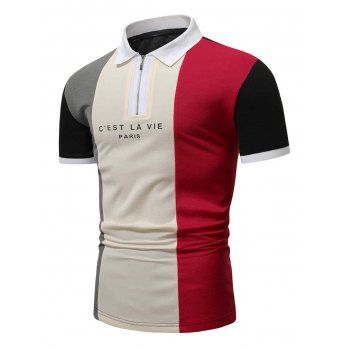 

Patchwork T Shirt Striped Print Half Zipper Turn Down Collar Short Sleeve Casual Tee, Light khaki