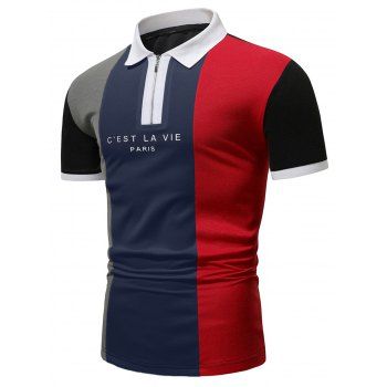 

Patchwork T Shirt Striped Print Half Zipper Turn Down Collar Short Sleeve Casual Tee, Navy blue