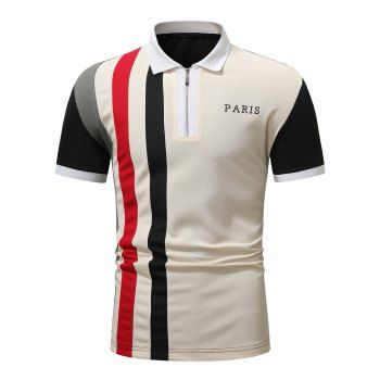 

Colorblock T Shirt Striped Letter Print Half Zipper Turn Down Collar Short Sleeve Casual Tee, Light khaki