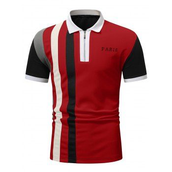 

Colorblock T Shirt Striped Letter Print Half Zipper Turn Down Collar Short Sleeve Casual Tee, Red