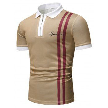 

Half Zipper T Shirt Letter Striped Print Colorblock T Shirt Short Sleeve Casual Tee, Light khaki