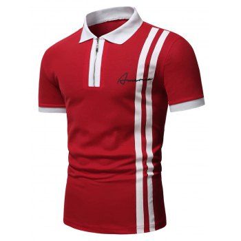 

Half Zipper T Shirt Letter Striped Print Colorblock T Shirt Short Sleeve Casual Tee, Red