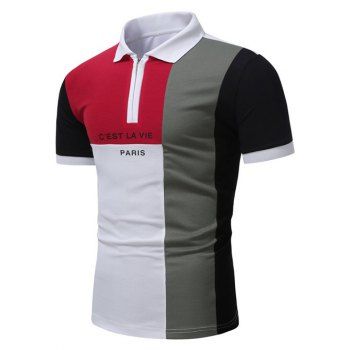 

Colorblock T Shirt Slogan Print Short Sleeve T-shirt A Quarter Zip Turndown Collar Tee, White