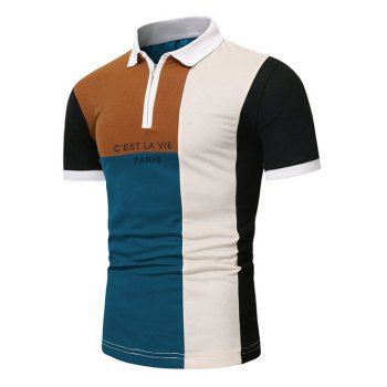 

Colorblock T Shirt Slogan Print Short Sleeve T-shirt A Quarter Zip Turndown Collar Tee, Peacock blue