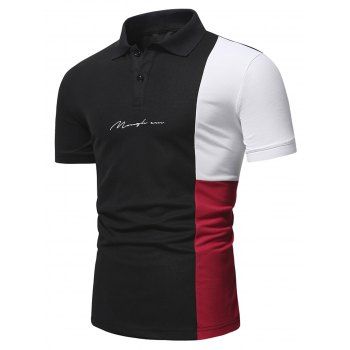 

Colorblock T Shirt Patchwork Letter Print Button Turn Down Collar Short Sleeve Casual Tee, Black