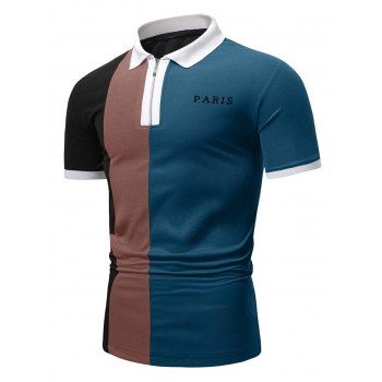 

Colorblock T Shirt PARIS Letter Print Short Sleeve T-shirt A Quarter Zip Turndown Collar Tee, Peacock blue