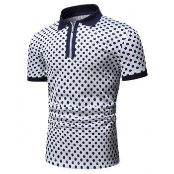 

Polka Dots Allover Print T Shirt A Quarter Zip Turndown Collar Short Sleeve Tee, Cadetblue