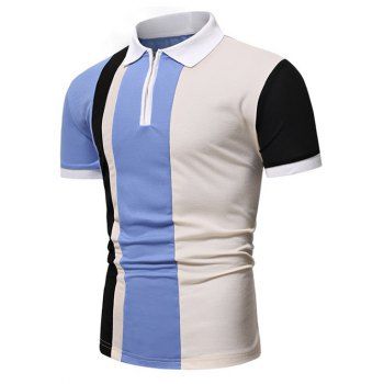 

Patchwork T Shirt Casual T Shirt Half Zipper Short Sleeve Turn Down Collar Summer Tee, Blue