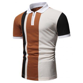 

Patchwork T Shirt Casual T Shirt Half Zipper Short Sleeve Turn Down Collar Summer Tee, Light brown