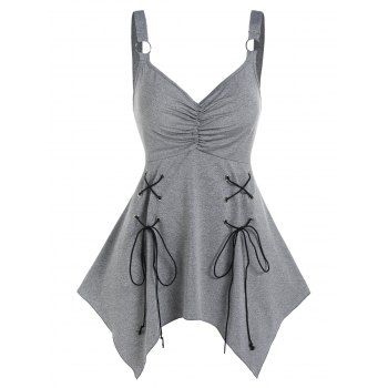

Gothic Lace Up Grommet O Ring Ruched Handkerchief Tank Top, Light gray