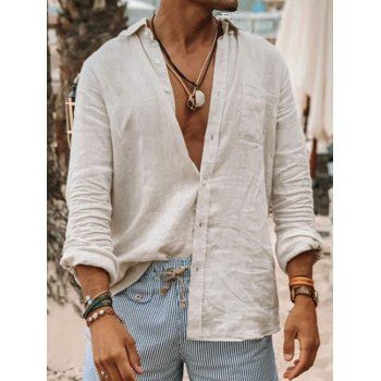 

Solid Color Shirt Casual Shirt Turn Down Collar Long Sleeve Button-up Shirt, Warm white