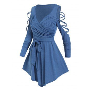 

Casual T Shirt Solid Color Crossover Cut Out Cold Shoulder Belted Long Sleeve Skirted Tee, Blue