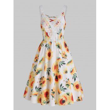 

Vacation Dress Sunflower Print Dress Hollow Out Lace Insert Crisscross High Waisted A Line Mini Dress, Yellow