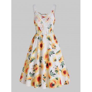 Vacation Dress Sunflower Print Dress Hollow Out Lace Insert Crisscross High Waisted A Line Mini Dress, DRESSLILY  - buy with discount