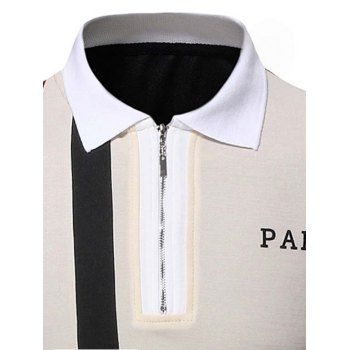 Colorblock Striped Print T Shirt PARIS Letter Print Long Sleeve T-shirt Turndown Collar A Quarter Zip Tee