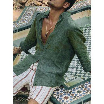 

Solid Color Shirt Casual Shirt Turn Down Collar Long Sleeve Button-up Shirt, Deep green