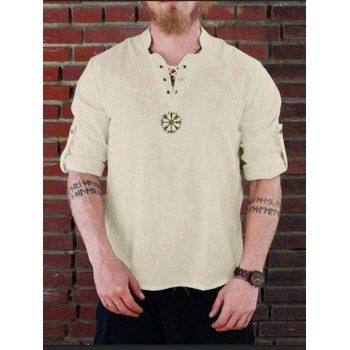 

Lace Up Shirt Embroidery Pattern Long Sleeve Shirt Stand Collar Casual Shirt, Cornsilk