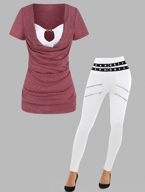 Ensemble de T-shirt Moulant Zippé à Manches Courtes à Col Bénitier et Pantalon avec Œillet - multicolor S