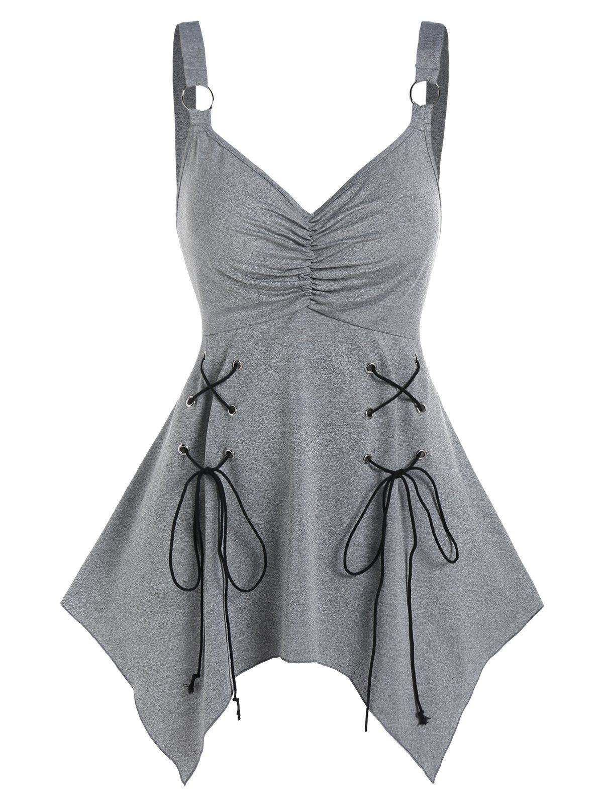 Grommet O Ring Ruched Handkerchief Tank Top - LIGHT GRAY L