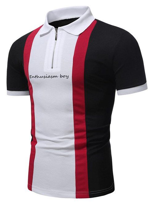 T-shirt Décontracté Jointif à Imprimé Lettre à Demi-Zip à Manches Courtes - Blanc XL