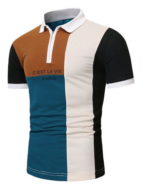T-shirt Ligne A en Blocs de Couleurs à Imprimé Slogan à Quart Zip à Col Relevé - Paon Bleu XL