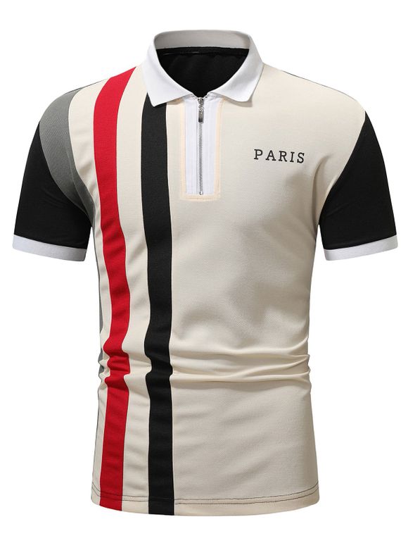 T-shirt Décontracté à Imprimé Lettre en Blocs de Couleurs à Demi-Zip Manches Courtes à Col Relevé - Kaki Léger L