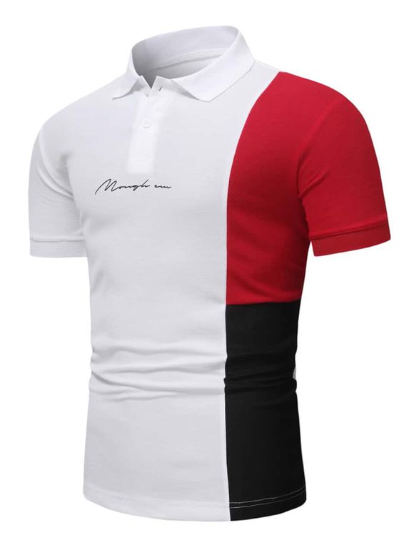 T-shirt Décontracté à Imprimé Lettre en Blocs de Couleurs Jointif Boutonné à Col Relevé - Blanc XL