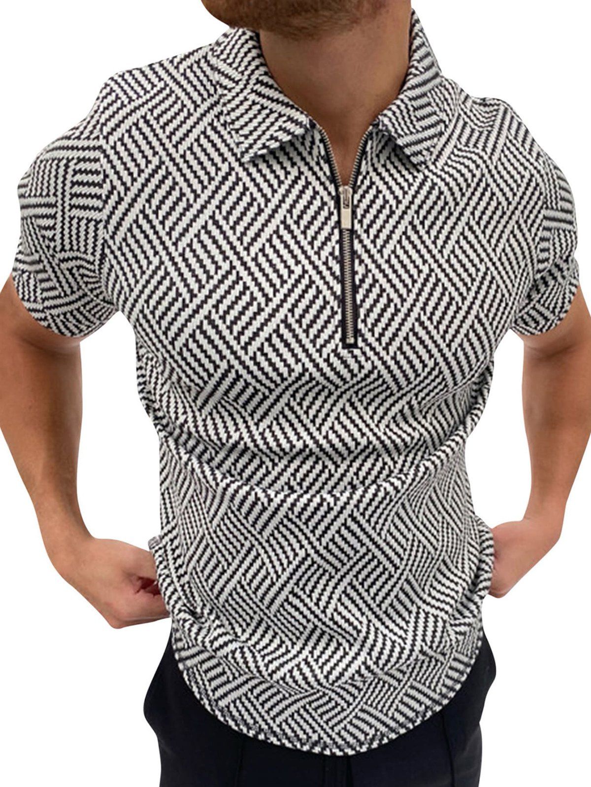 T-shirt Décontracté Géométrique Imprimé à Demi-Zip Manches Courtes à Col Relevé - Blanc XL