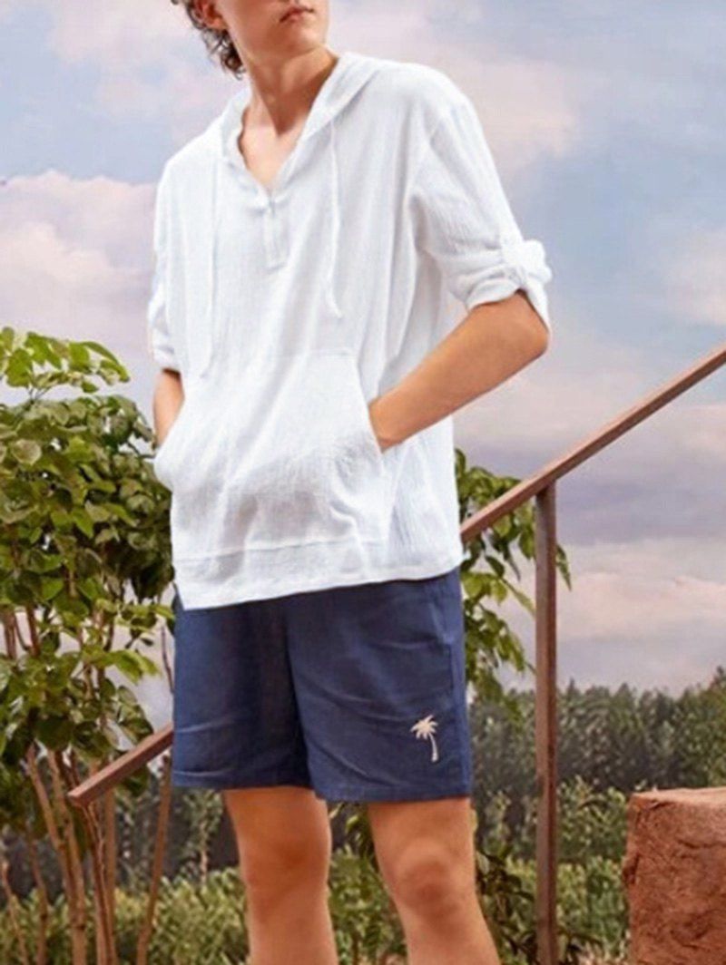 Chemise à Capuche Zippé en Couleur Unie à Demi-Manches Longues avec Poches - Blanc XL