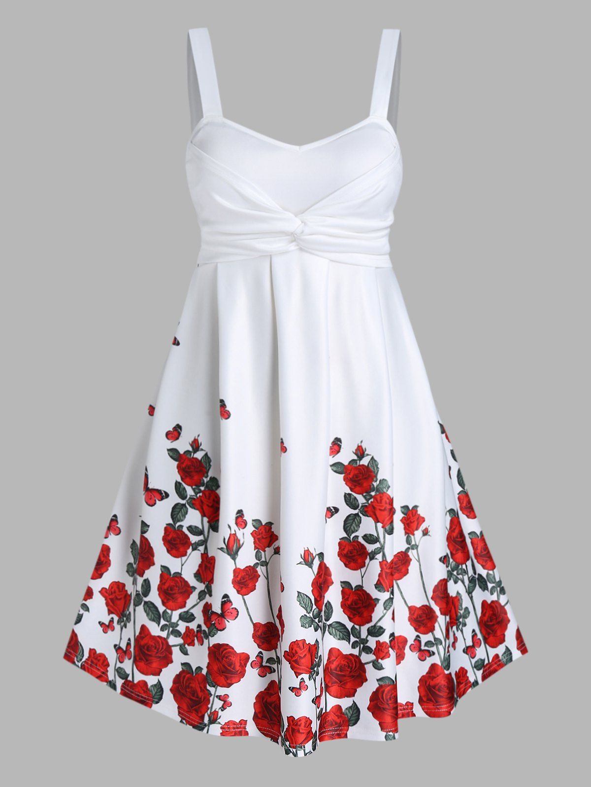 Plus Size Dress Floral Dress Leaf Rose Print Twisted Sleeveless High Waisted A Line Midi Summer Casual Dress - WHITE 3X